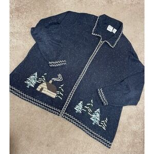 Vintage Christopher‎ & Banks Sweater Zip 3xl Women's Blue Cabin Pine Tree Snow